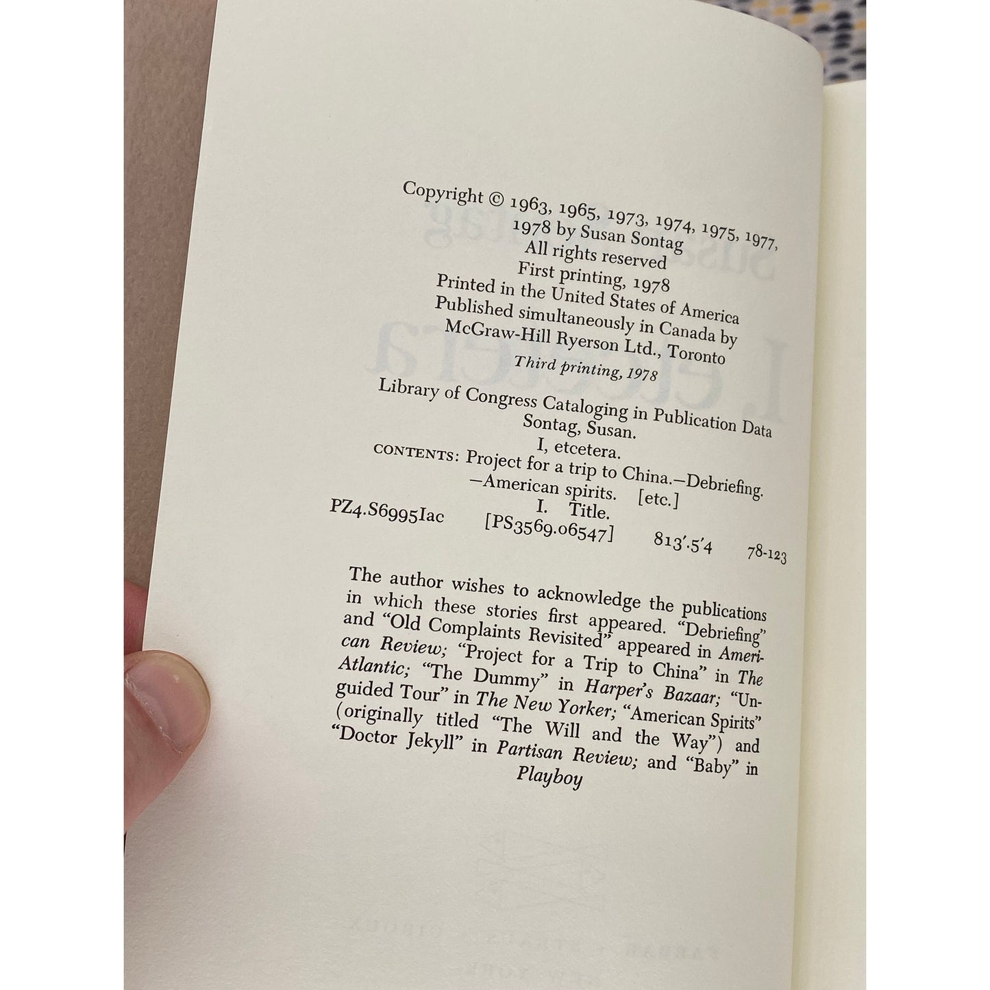 Susan Sontag - I, Etcetera - Vintage Hardcover Book - 1978 Farrar Strauss Giroux Edition