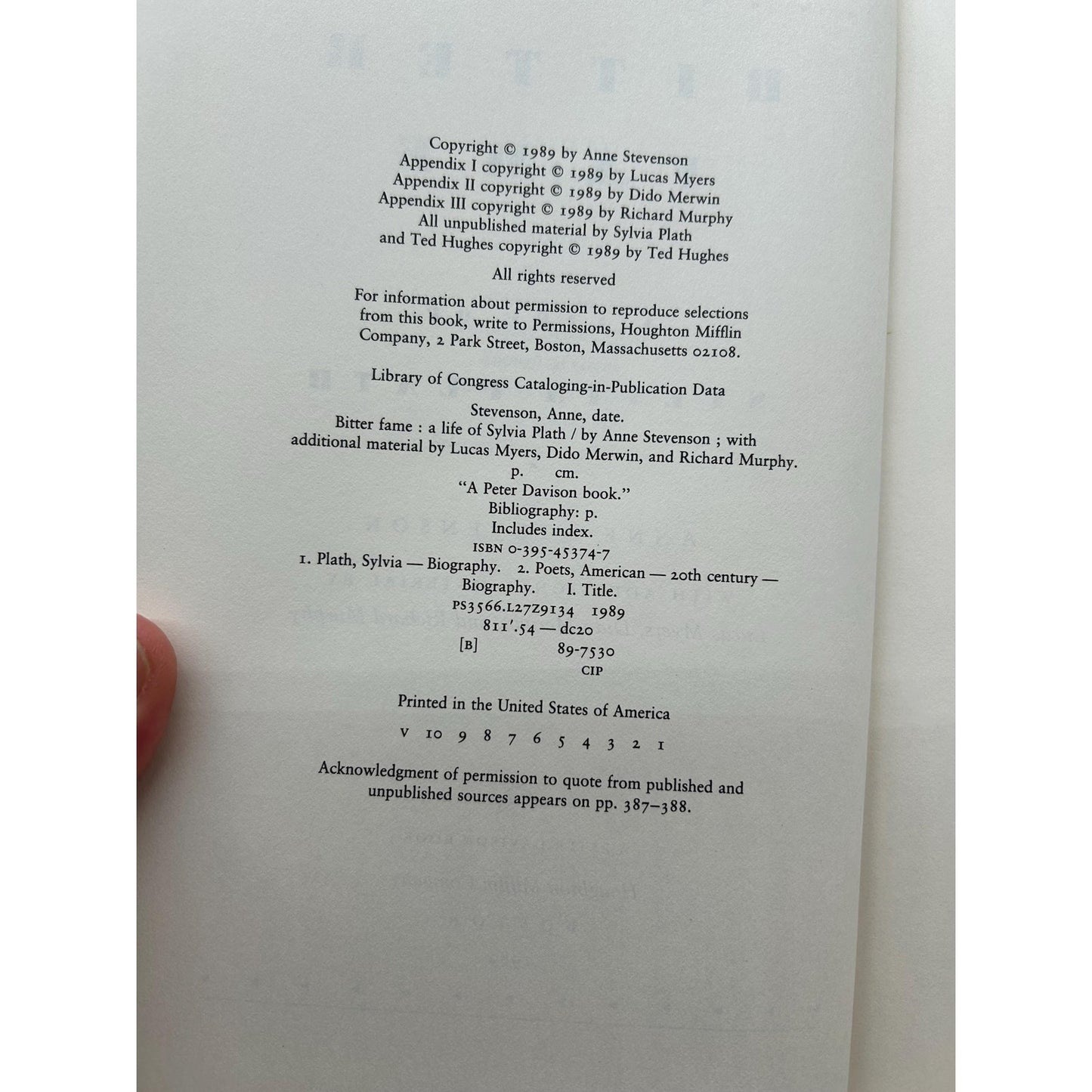 Bitter Fame - A Life of Sylvia Plath - Anne Stevenson - Houghton Mifflin Edition