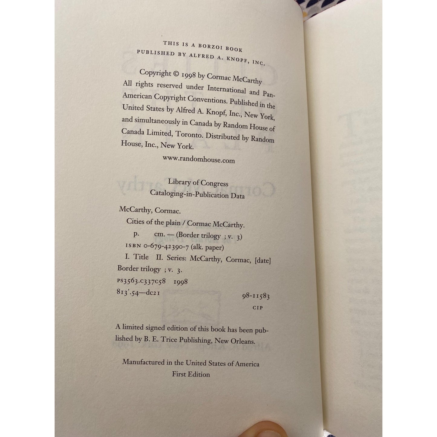 Cities of the Plain - Cormac McCarthy - Knopf Books - 1st Edition, 1st Printing