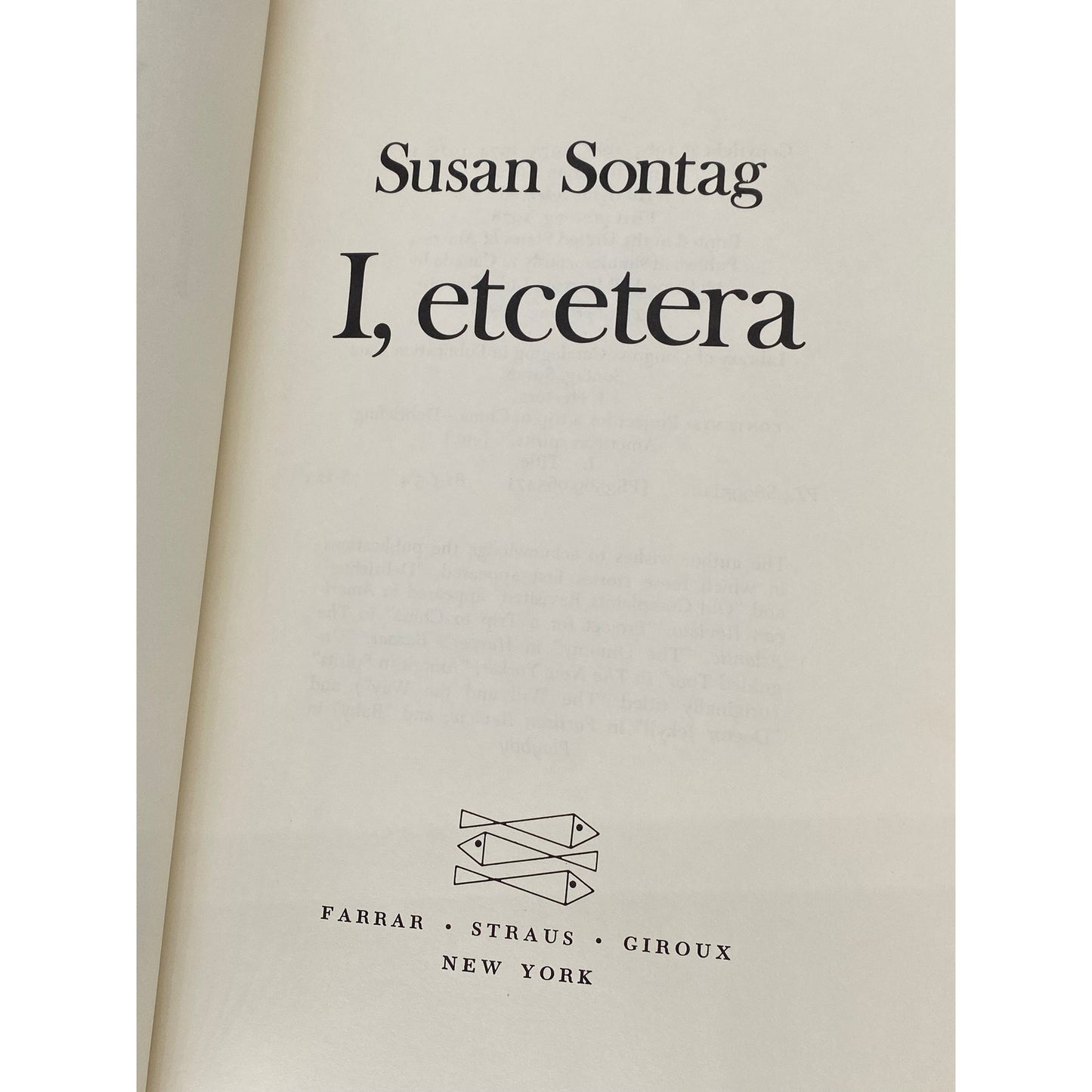Susan Sontag - I, Etcetera - Vintage Hardcover Book - 1978 Farrar Strauss Giroux Edition