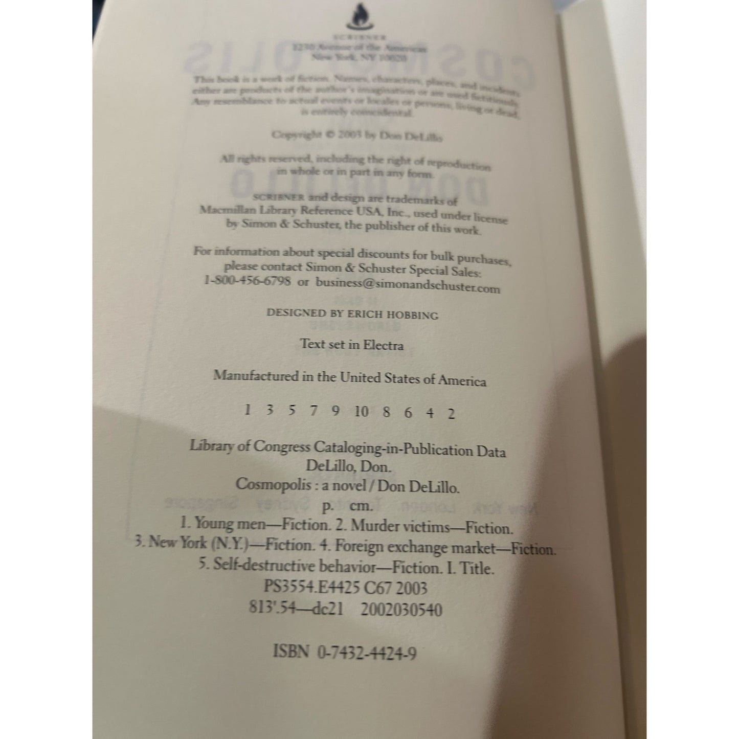 Cosmopolis - Don DeLillo - Scribner - Hardcover - 1st Edition 1st Printing