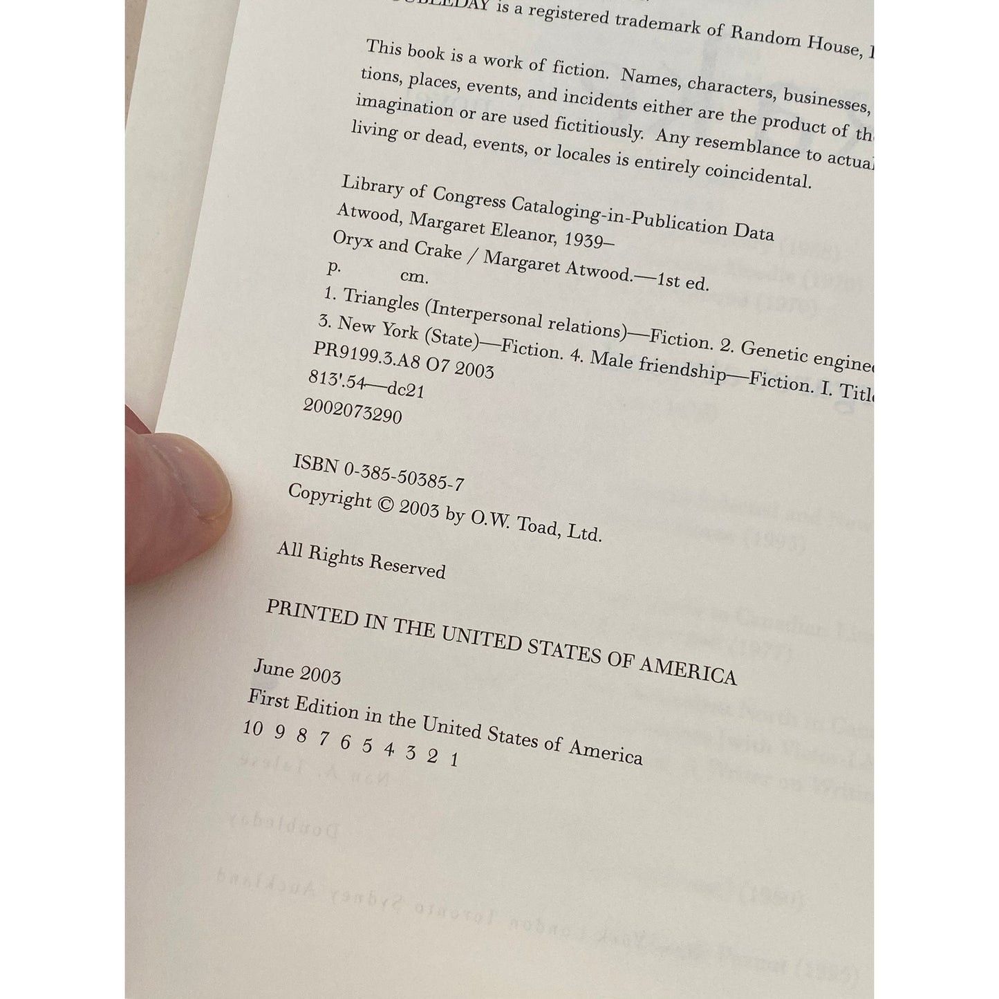 Oryx and Crake - Margaret Atwood - Vintage Hardcover Book - Nan A Talese / Doubleday Press - 1st Edition, 1st Printing