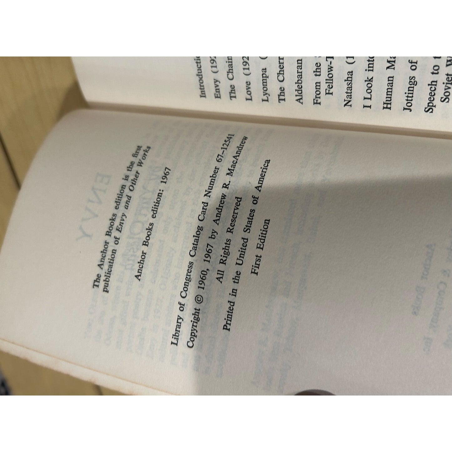 Envy And Other Works - Yuri Olesha - Vintage Paperback Book - Anchor Press/Doubleday Edition