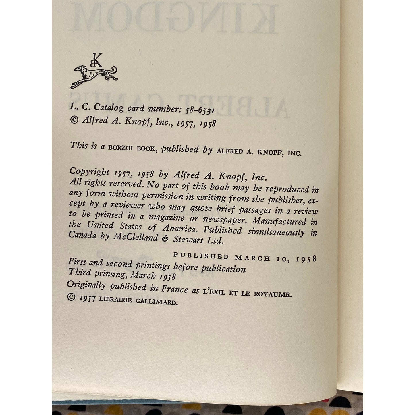 Exile and the Kingdom - Albert Camus - Vintage Hardcover Book - 1958 First American Edition - 3rd Printing - Borzoi Books