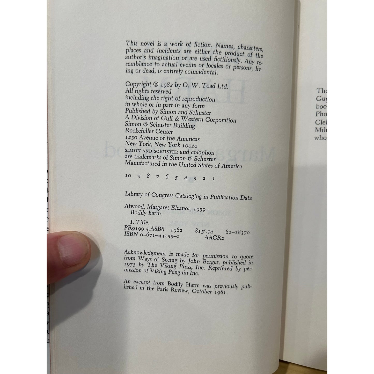 Bodily Harm - Margaret Atwood - Simon and Schuster - 1st Edition, 1st Printing